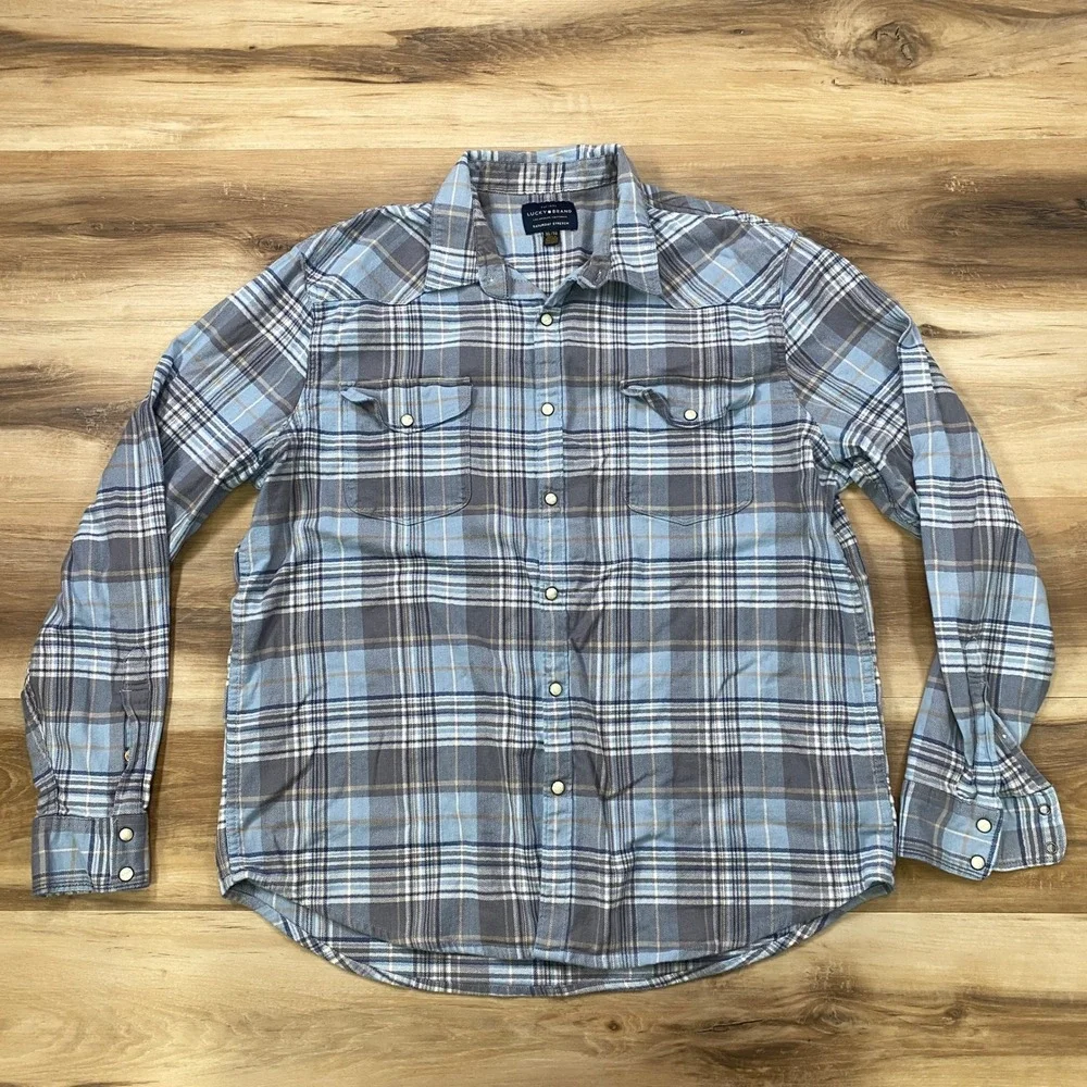 Lucky Brand Western Shirt Mens XL Plaid Saturday Stretch Pearl Snap Blue Grey - Picture 2 of 9
